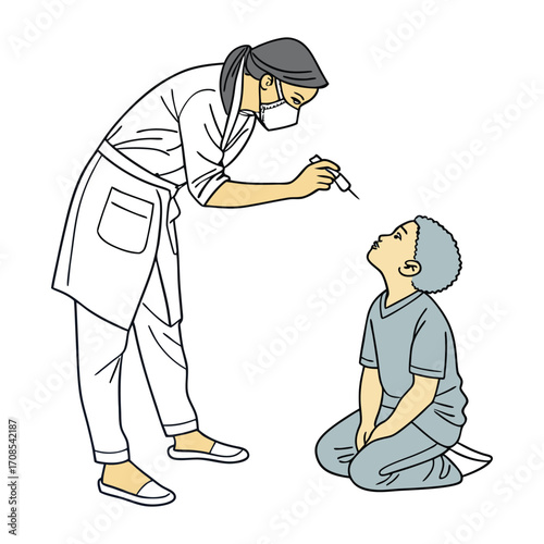 Print silhouette of a healthcare worker administering polio drops to a seated child
