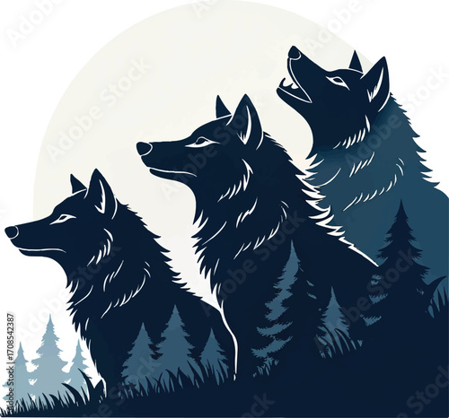 Three Wolves Howling at Full Moon – Stylized Forest Wildlife Vector Illustration