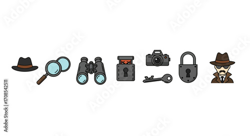 Spy and detective icons: hat, magnifying glass, binoculars, camera, lock and…