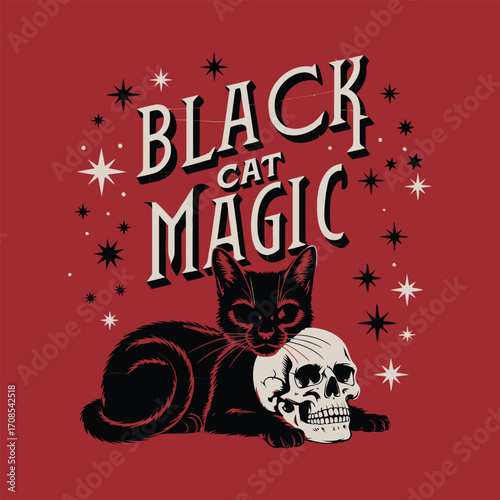 Mysterious black cat conjures magic with skull and stars halloween design vector
