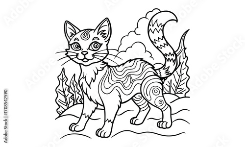 Shadow Cat, kids line art doodle pattern design t shirt silhouette and vector, intricate line art design, relaxing printable, high-quality illustration for stress relief, art therapy activity.