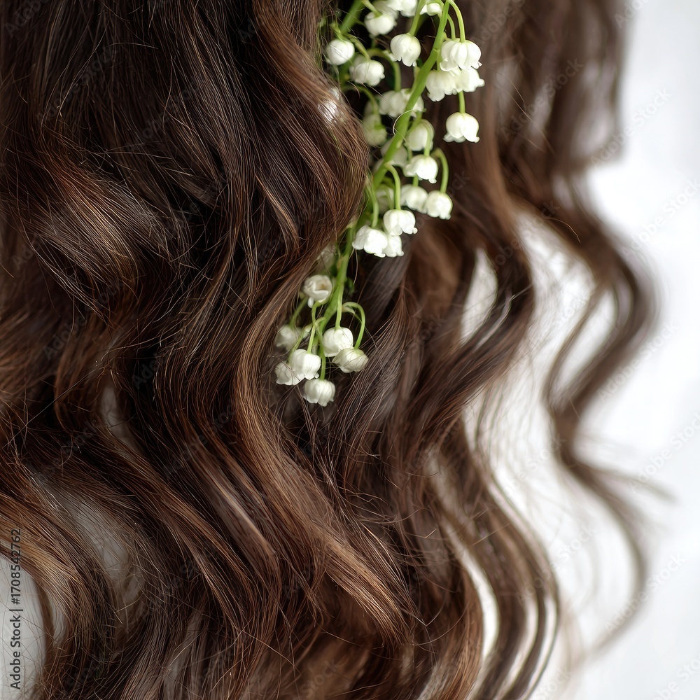 Naklejka premium Close-up of wavy brunette hair with delicate white flowers