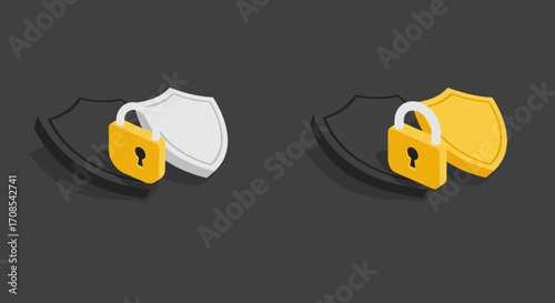 Secure shields with padlocks isometric design on dark background