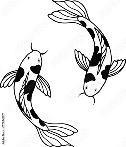 Two black and white koi fish swimming together lineart vector Japanese style isolated on white background