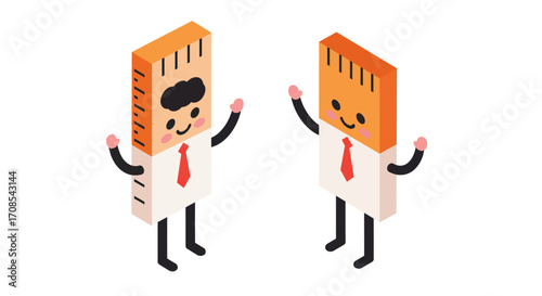 Isometric cartoon characters with ruler heads in business attire