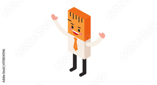 Isometric cartoon character with happy expression and orange hair in white sh…