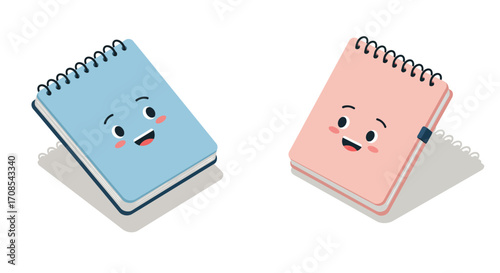 Cute isometric notebooks with happy faces on spiral bindings
