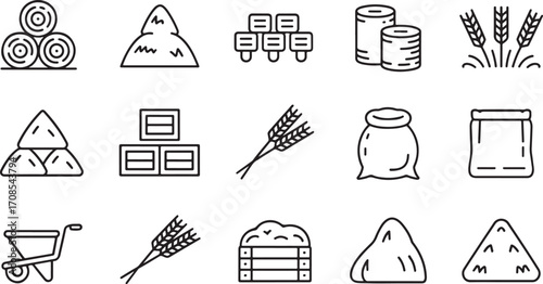 Set of line art icons depicting farm produce and agricultural elements including hay bails, wheat, sacks, and farming tools.