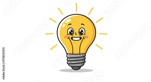 Smiling light bulb cartoon character with radiant glow and cute face