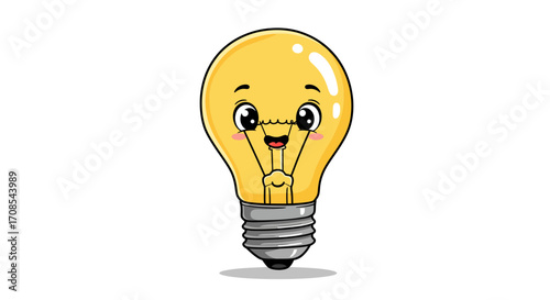 Cute cartoon light bulb character with happy face on white background