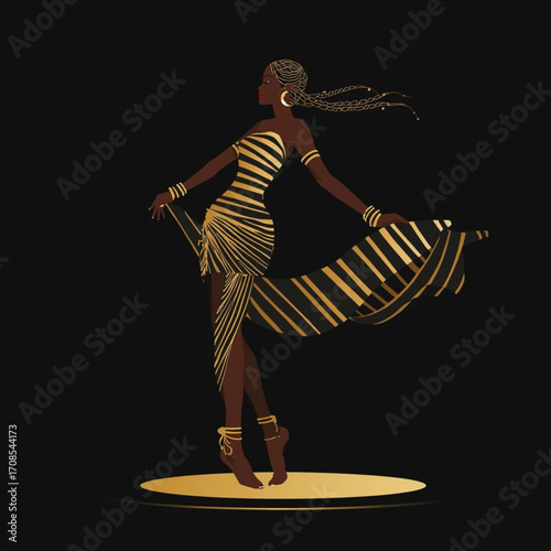 Art Deco Style Woman In Striped Dress And Gold Accents