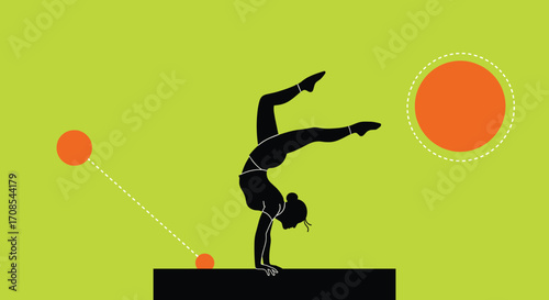 Black silhouette of gymnast performing handstand on platform with vibrant geometric background, symbolizing balance, strength, flexibility, and athletic performance vector illustration
