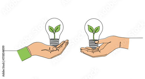 Green energy concept with light bulbs and growing plants in hands