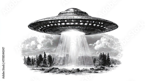 Fototapeta Naklejka Na Ścianę i Meble -  Engraving sketch illustration of UFO spacecraft hovering above forest with glowing abduction light beam vintage style