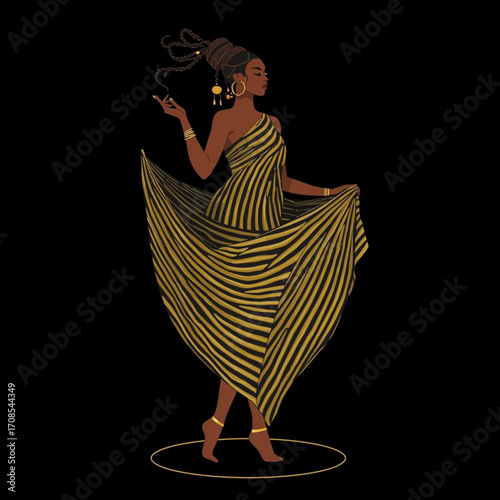Woman in Striped Black and Gold Dress Holding Fabric