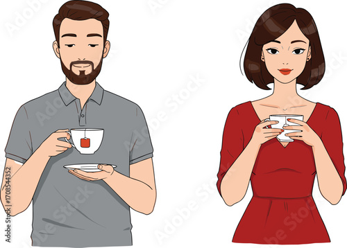Man holding teacup with saucer, woman enjoying hot beverage, casual conversation, relaxing moment, social interaction, warm drink enjoyment, flat vector illustration design