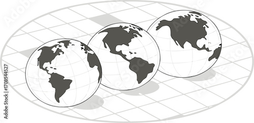 Three stylized globes showing continents on a grid background