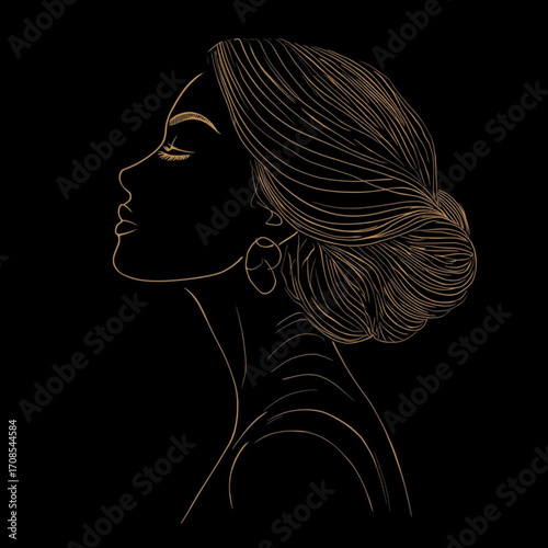 Elegant Woman Profile Line Art with Updo Hairstyle