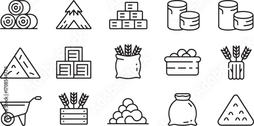 Set of line art icons depicting farm produce and agricultural elements including hay bails, wheat, sacks, and farming tools.