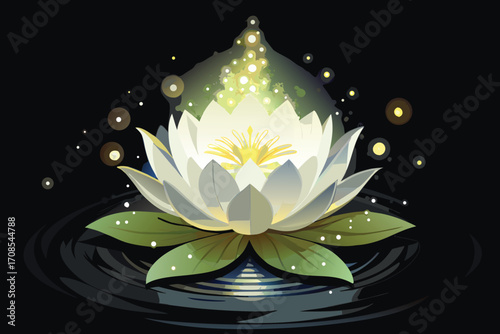Glowing white lotus flower floating on dark water with magical sparkles
