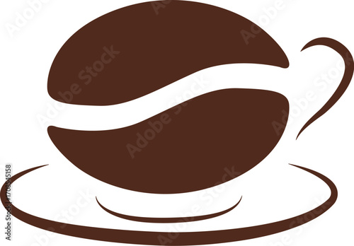 A stylized coffee cup illustration featuring a coffee bean shape with a handle, resting on a saucer.