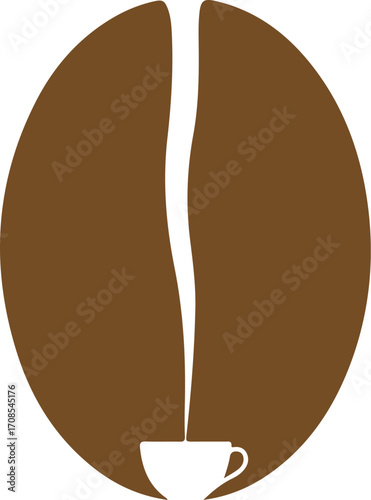 A brown coffee bean silhouette with a white stream filling a small white cup at the bottom.