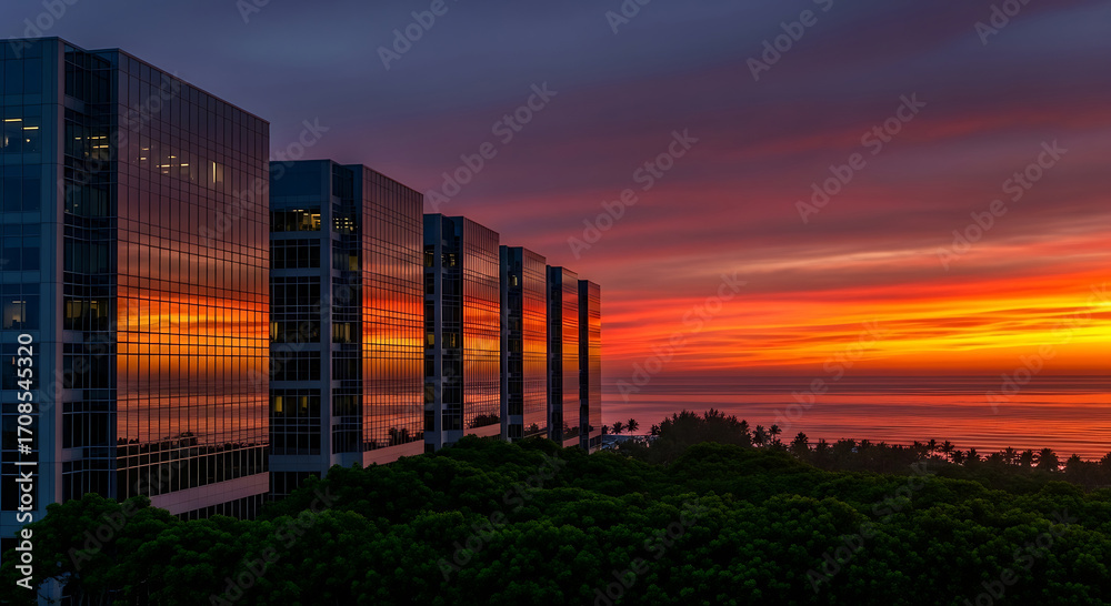 Fototapeta premium Modern glass buildings reflecting a fiery sunset over the ocean