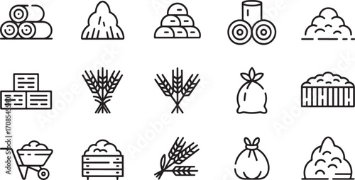 Set of line art icons depicting farm produce and agricultural elements including hay bails, wheat, sacks, and farming tools.
