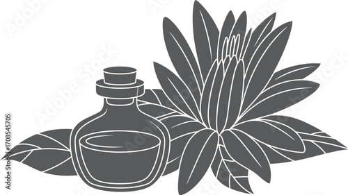 Illustration of a glass bottle with essential oil and a lotus flower