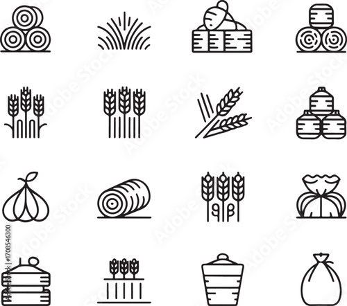 Set of line art icons depicting farm produce and agricultural elements including hay bails, wheat, sacks, and farming tools.