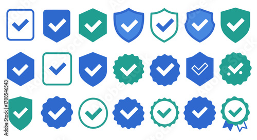 Blue and green check mark icons on shields and badges for certification and a…