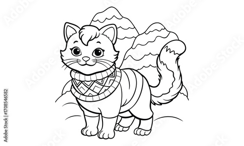 Snowball Cat, kids line art doodle pattern design t shirt design silhouette and vector, detailed illustration, perfect for relaxation, stress relief, adult coloring books, printable art therapy.