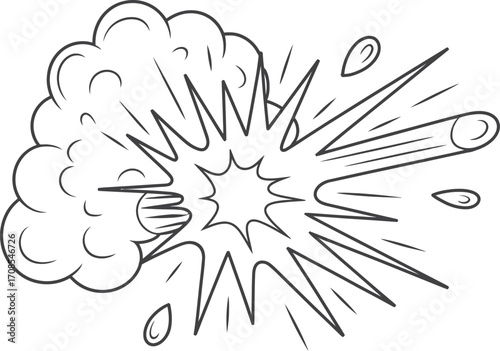 Hand drawn comic book style explosion with smoke and debris