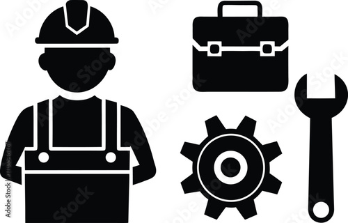 Factory worker gear toolbox bolt wrench cogwheel vector illustration icons set