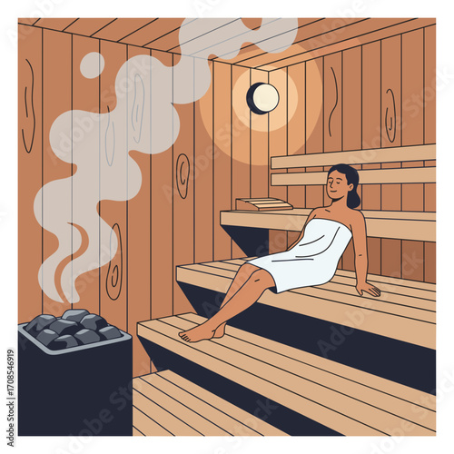 A young woman with a relaxed mood relaxing in a sauna representing wellness against a wooden background