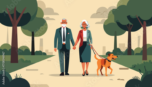 A loving elderly couple walking their dog representing companionship in a park