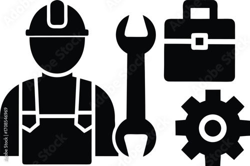 Factory worker tools gear toolbox bolt vector illustration for industrial and construction projects
