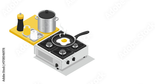Modern isometric kitchen scene with frying egg on stove and cooking utensils