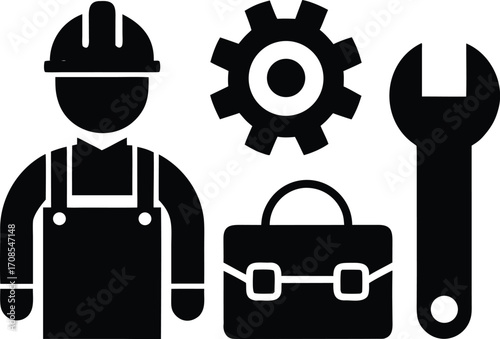 Vector illustration of factory worker gear toolbox bolt and wrench for industry concepts