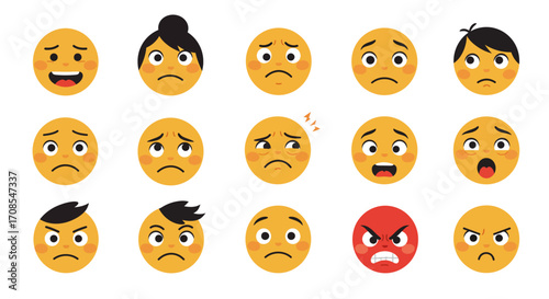 Diverse emoji expressions collection in flat style