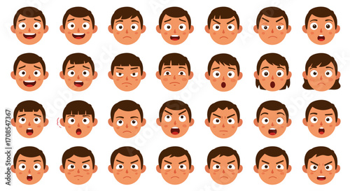 Diverse facial expressions set for characters with varied emotions in cartoon…