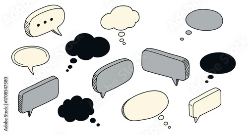 Hand drawn speech and thought bubbles in black and white