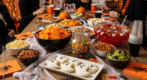 Halloween party table filled with spooky treats and festive decorations galore