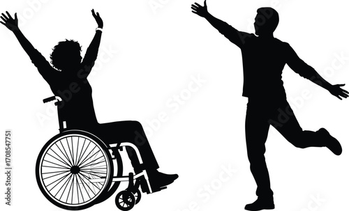 Black silhouette of wheelchair user and standing person dancing with raised arms, symbolizing joy, inclusion, friendship, and celebration in vector illustration