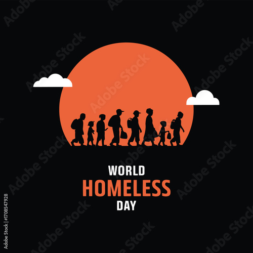 Vector art of world homeless day illustration featuring a silhouette of a family walking towards a large orange sun against a, representing migration and hardship