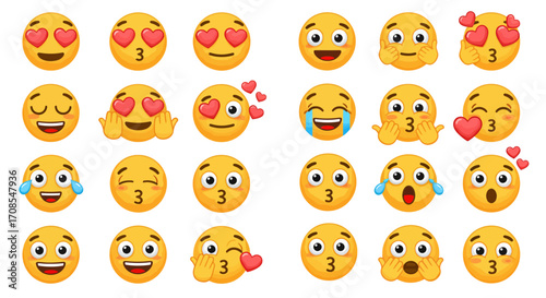 Diverse emoji expressions set with heart eyes and kissing faces