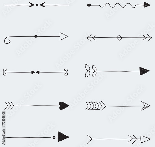 Collection of simple, hand-drawn arrows pointing right, left, and in both directions, embellished with decorative elements