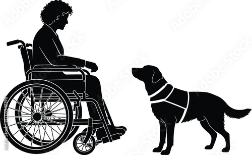 Black silhouette of wheelchair user with service dog wearing harness, symbolizing assistance, support, companionship, and disability inclusion in vector illustration design