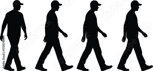 Black silhouette sequence of man walking in four stages, wearing cap and casual clothes, human gait cycle, motion illustration isolated