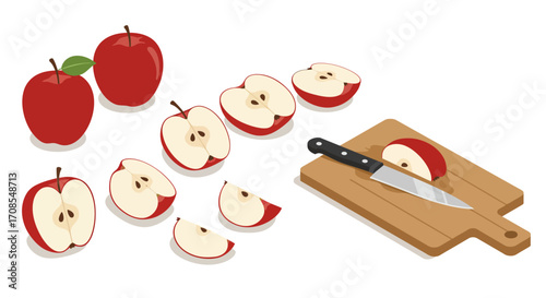 Isometric cut apples on a cutting board with knife in modern style